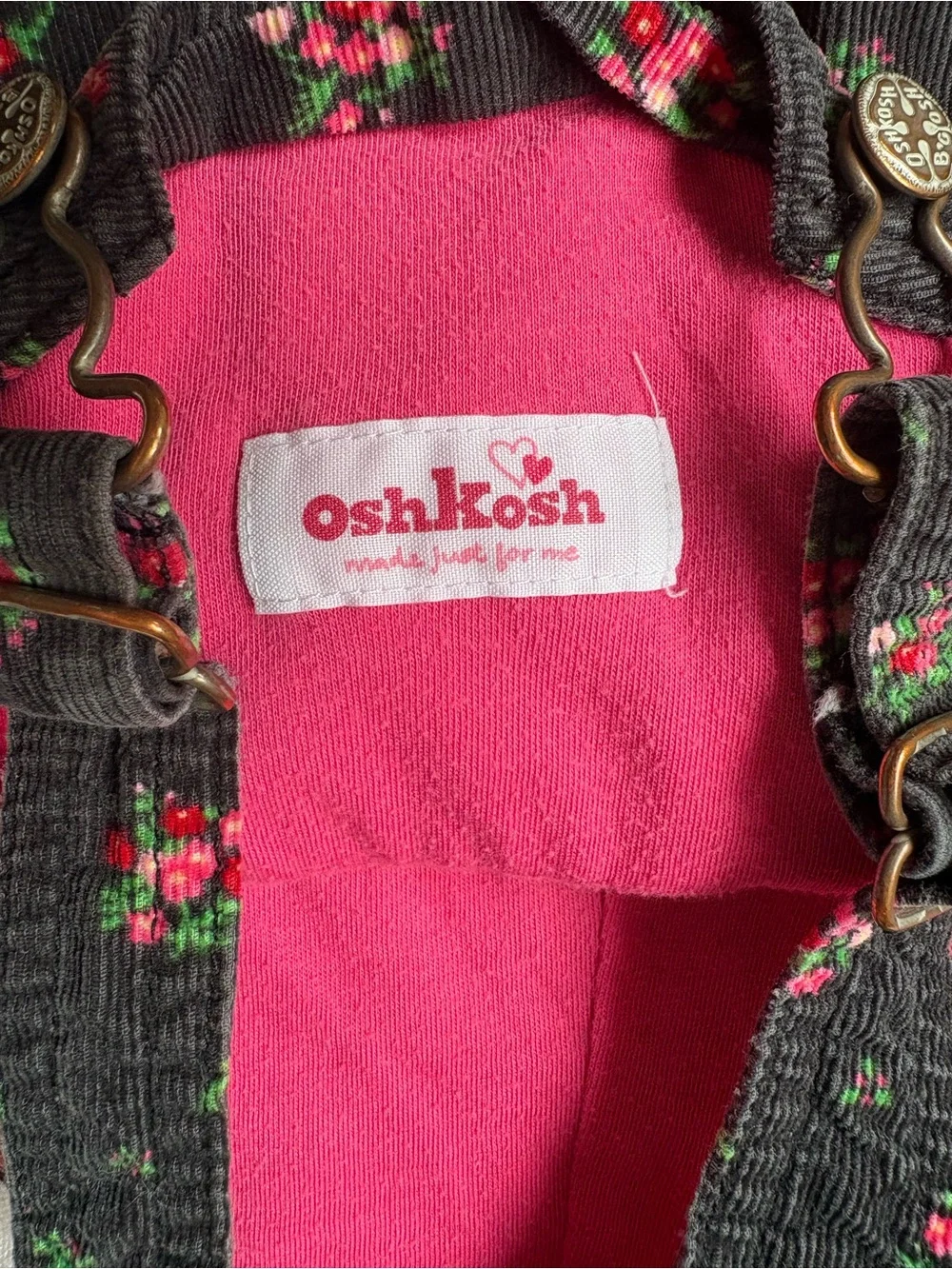 Vintage Osh Kosh Baby Girls Black Floral Overalls Pink Accents 12 Months